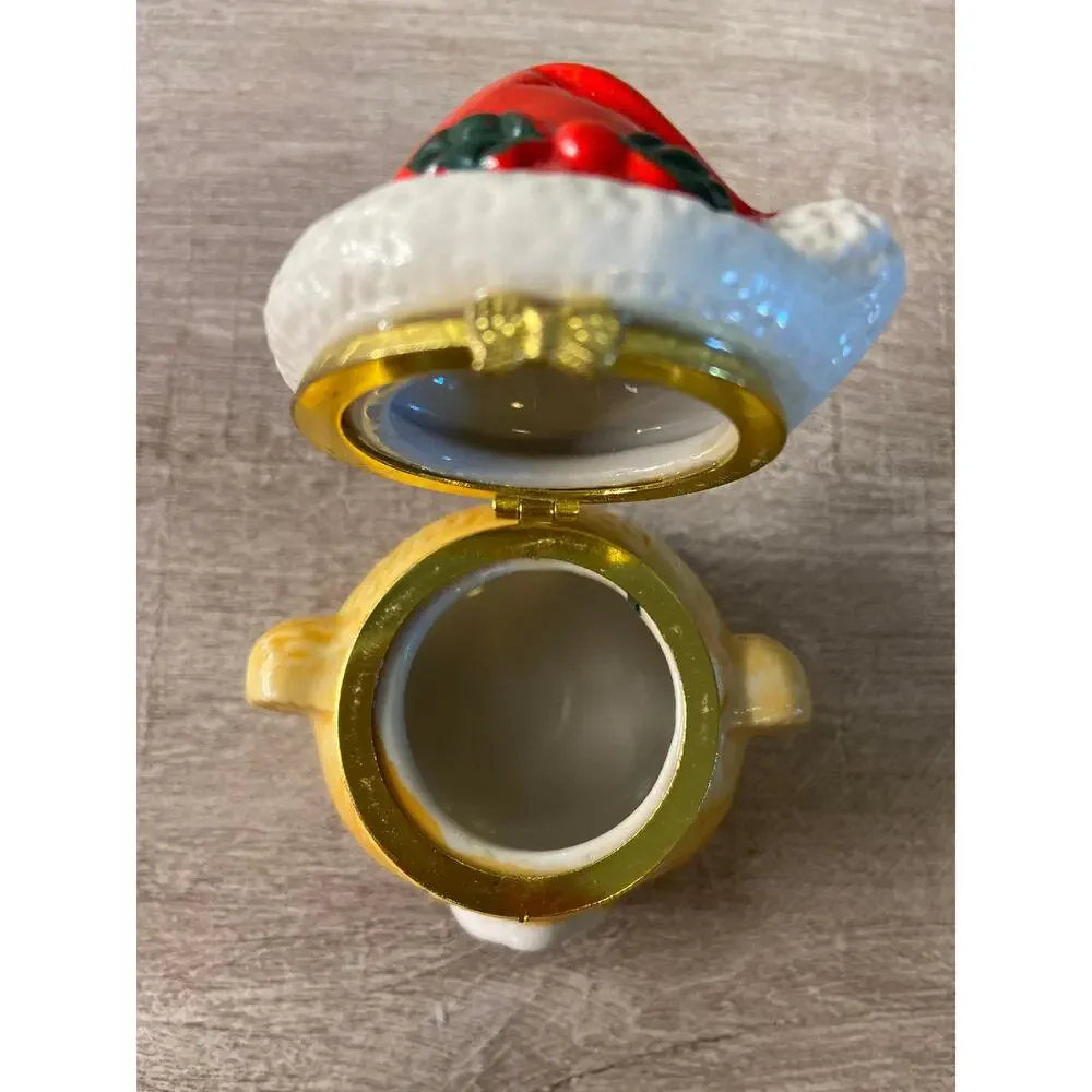 Miniature Ceramic Bear Wearing Christmas Hat Trinket Box / Jewelry Box